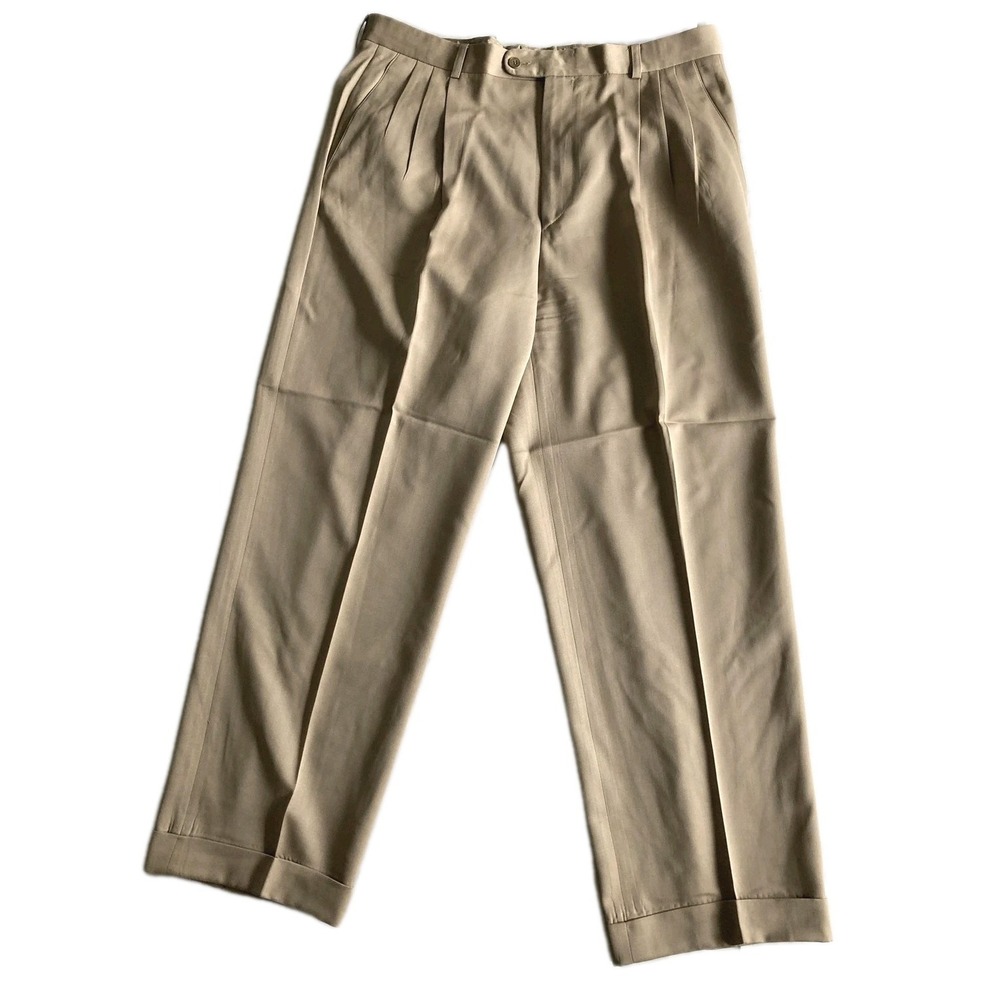 Zanella Wool Dress Pants Mens 36x30 Beige Wool Business Pleated Cuffed Classic